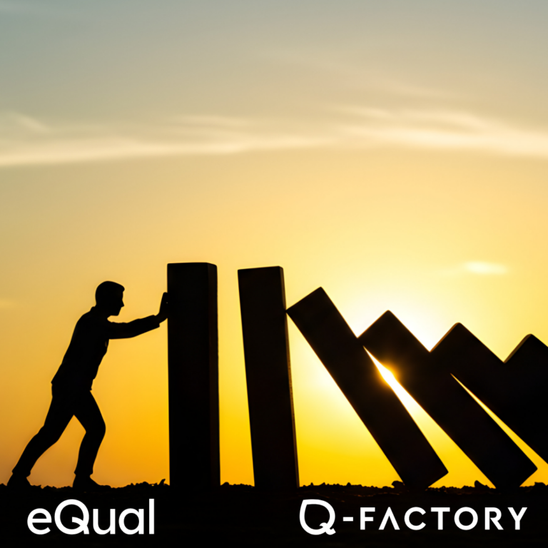 Tekoälypohjaisessa kuvassa isoja dominopalikoita ja mies pitää dominopalikkaa pystyssä