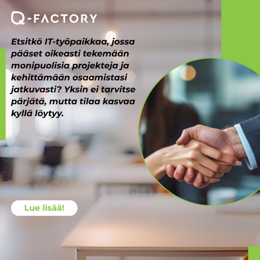 Kuvassa kättely ja kysymys kiinnostaako uusi it-alan työ.