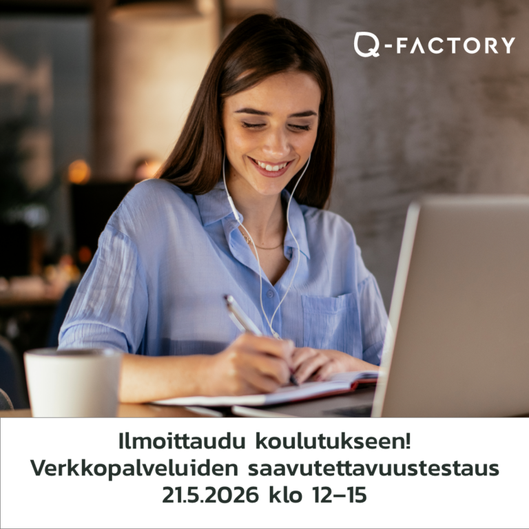 Saavutettavuustestauskoulutuksen mainos: kuvassa nainen tietokoneella tekee muistiinpanoja