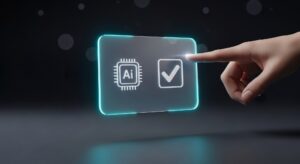 Kuvassa sormi osoittaa hyväksytty-merkkiä ja mukana myös teksti "AI"