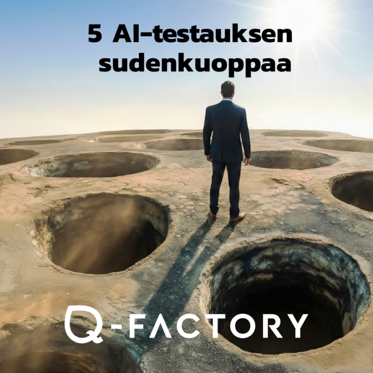 AI-testauksen sudenkuopat, jotka voivat heikentää ohjelmiston laatua. Kuvassa mies seisoo kalliolla, jossa näkyy syviä kuoppia.
