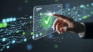 and selecting digital checkmark on modern interface for quality assurance and compliance, symbolizing success and approval in sleek technology setting