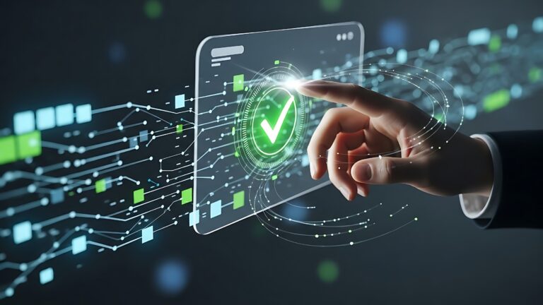 and selecting digital checkmark on modern interface for quality assurance and compliance, symbolizing success and approval in sleek technology setting