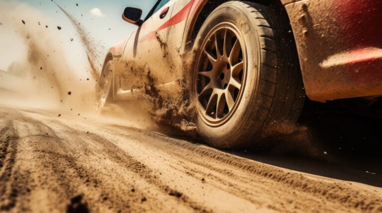 Rally competition, dust from under the wheels of a sports car generative ai.